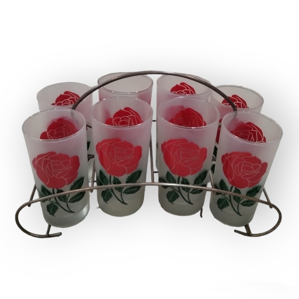 Libbey 1960s Frosted Rose Tumblers with Metal Caddy